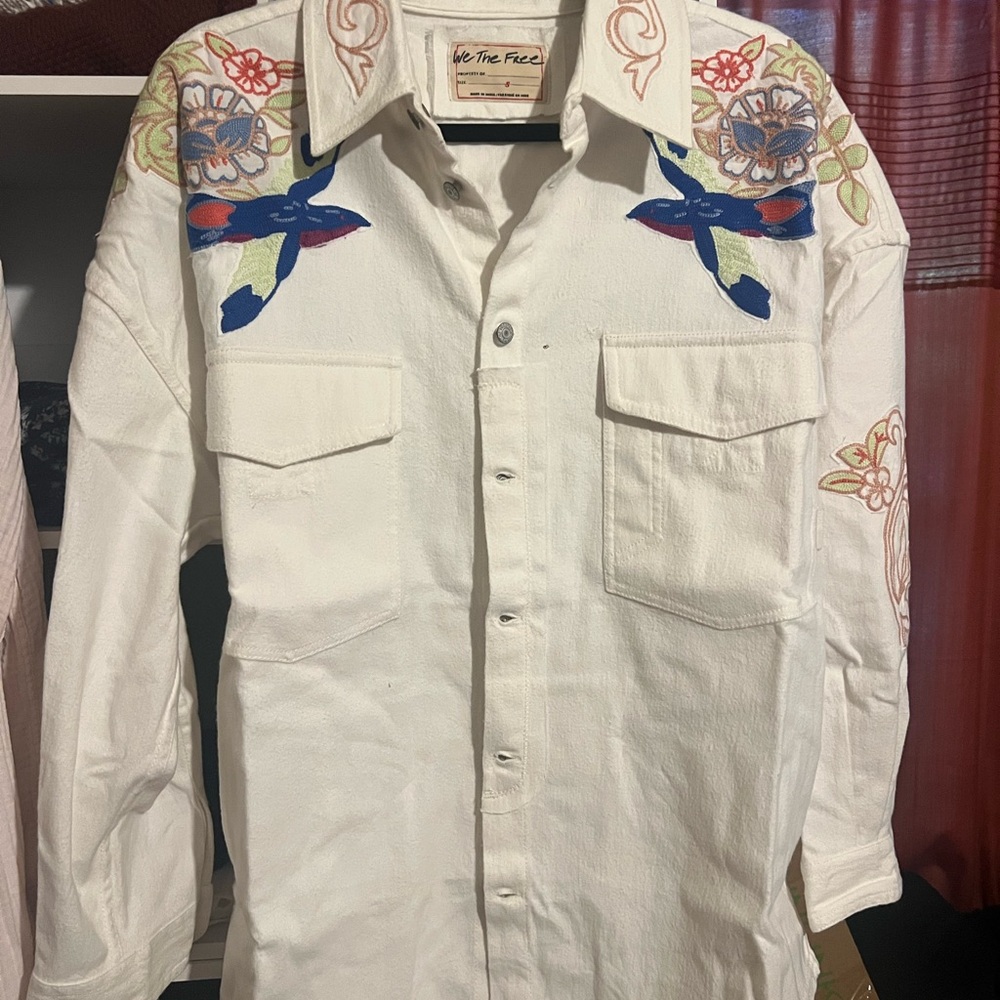 We The Free Take Flight White Button-Front Shirt with Multicolor Embroidery